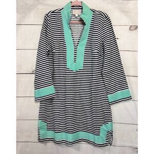 Sail to Sable Size LG Long Sleeve Linen Dress Navy Blue Stripes Teal Trim Preppy